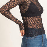 Lace Mock Neck Long Sleeve Top in Black