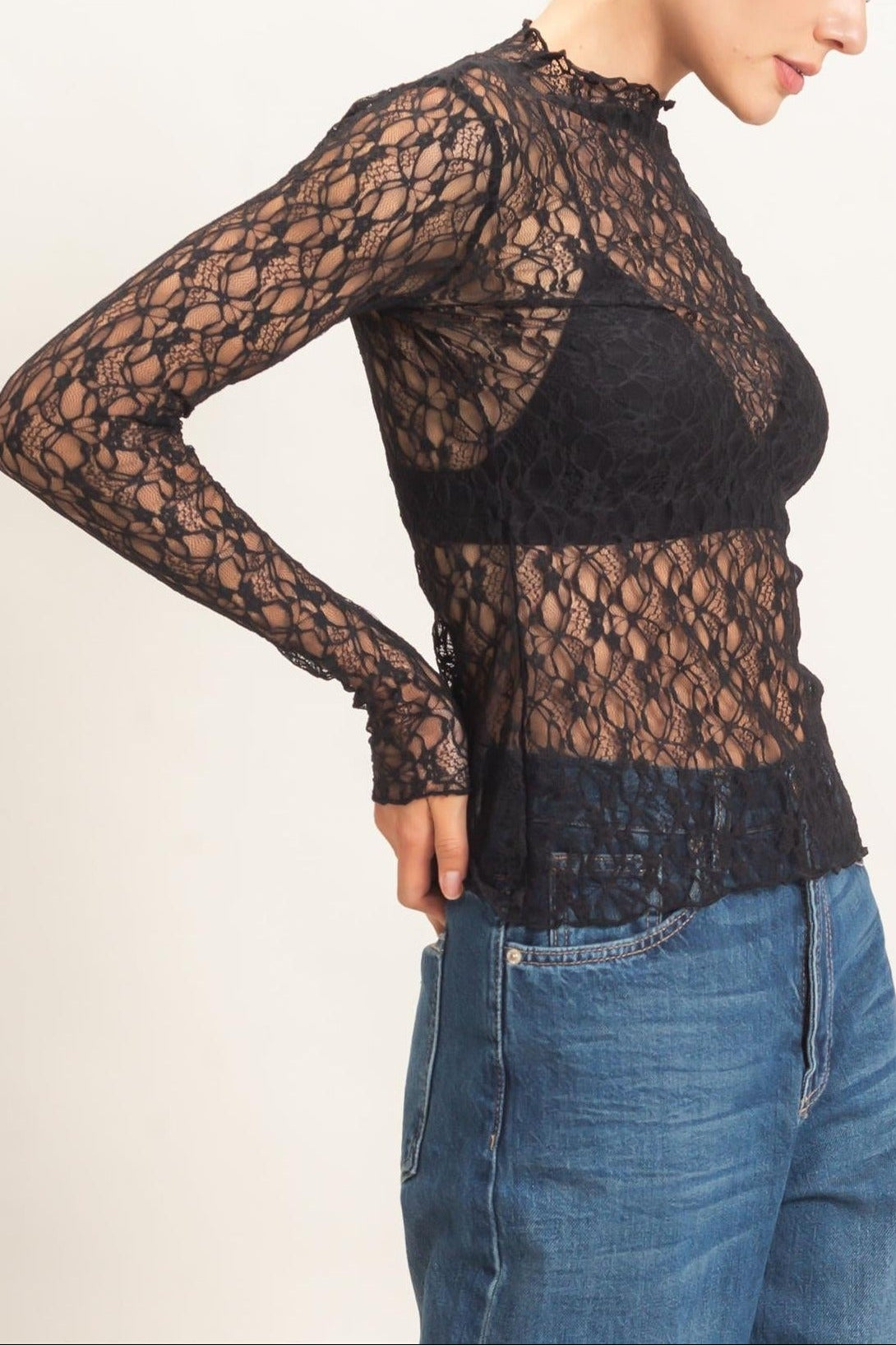 Lace Mock Neck Long Sleeve Top in Black