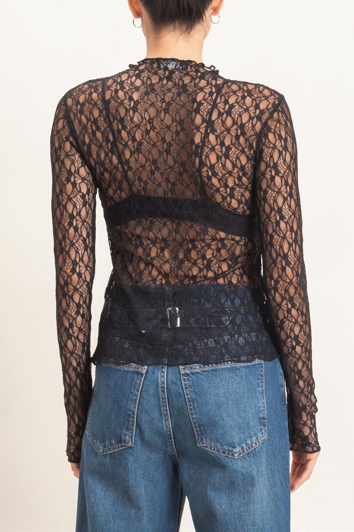 Lace Mock Neck Long Sleeve Top in Black