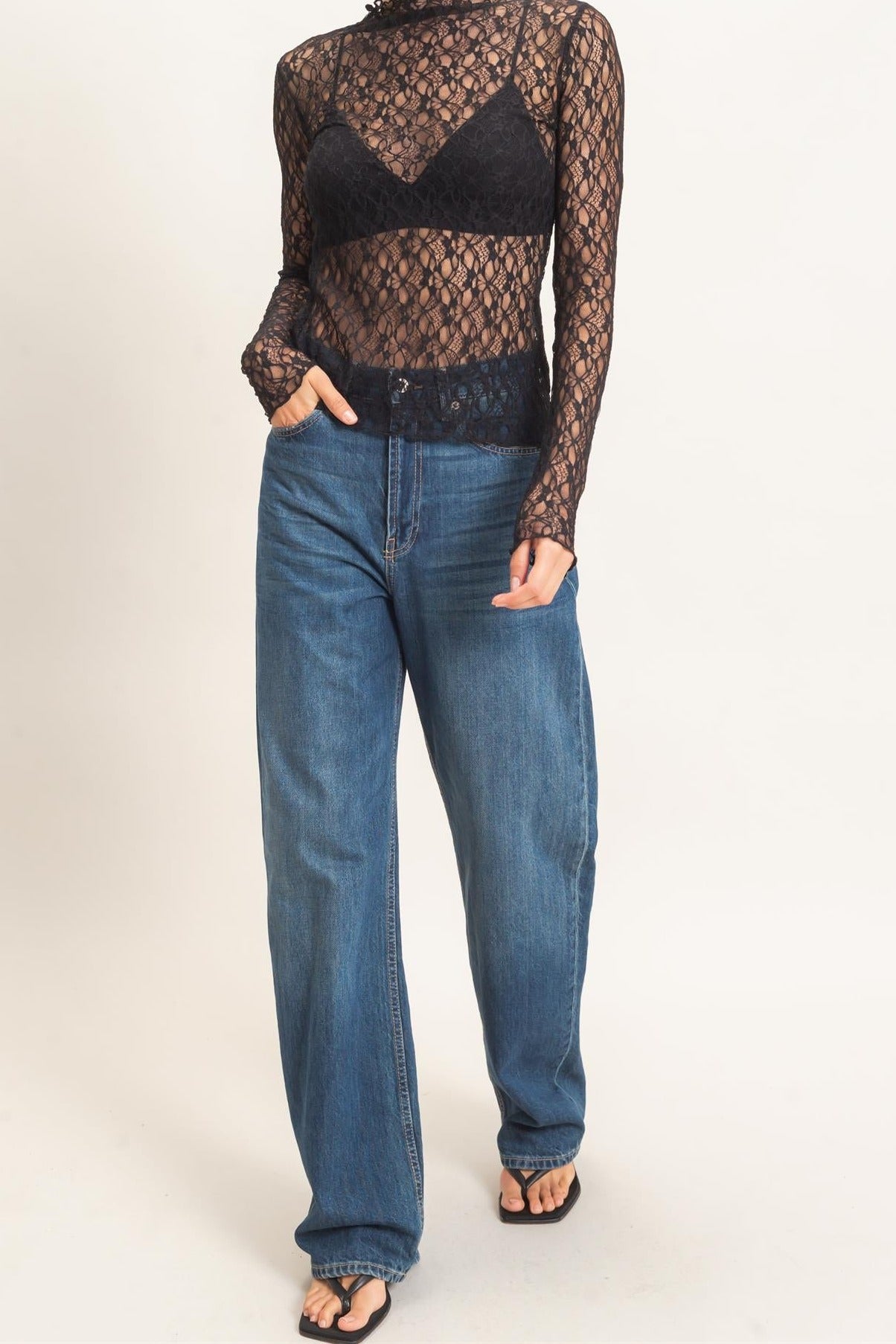 Lace Mock Neck Long Sleeve Top in Black
