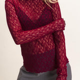 Lace Mock Neck Long Sleeve Top in Burgundy