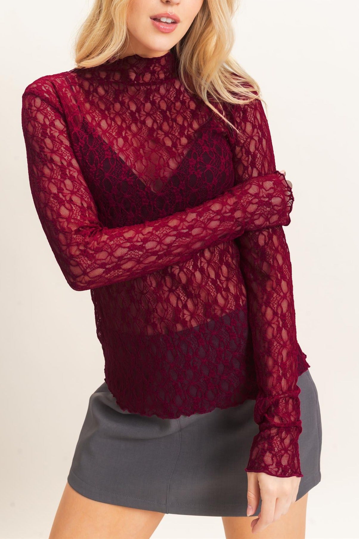 Lace Mock Neck Long Sleeve Top in Burgundy
