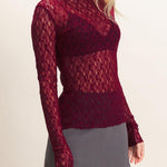 Lace Mock Neck Long Sleeve Top in Burgundy
