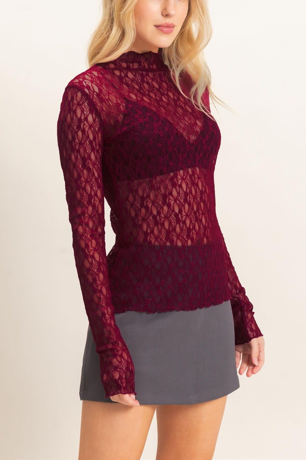 Lace Mock Neck Long Sleeve Top in Burgundy
