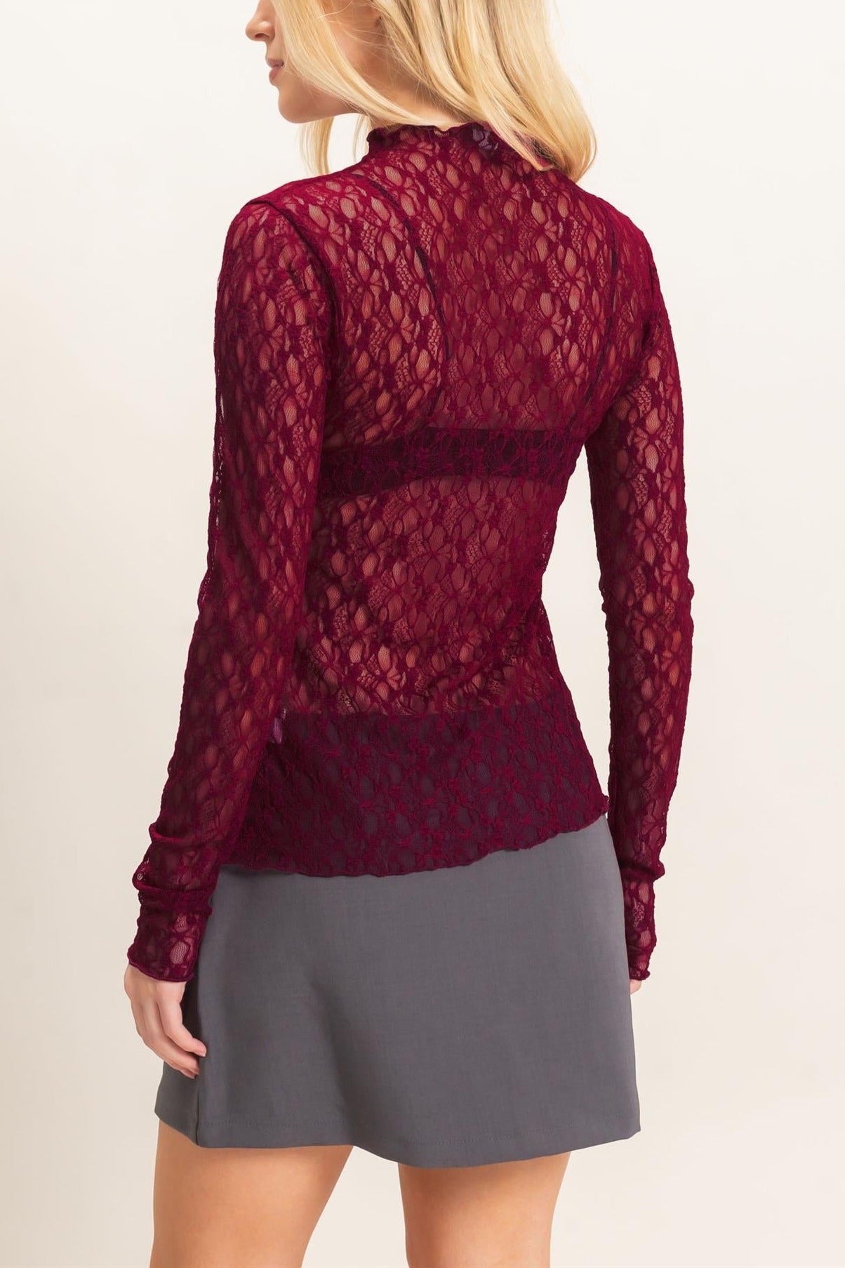 Lace Mock Neck Long Sleeve Top in Burgundy