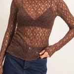 Lace Mock Neck Long Sleeve Top in Chocolate