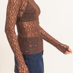 Lace Mock Neck Long Sleeve Top in Chocolate