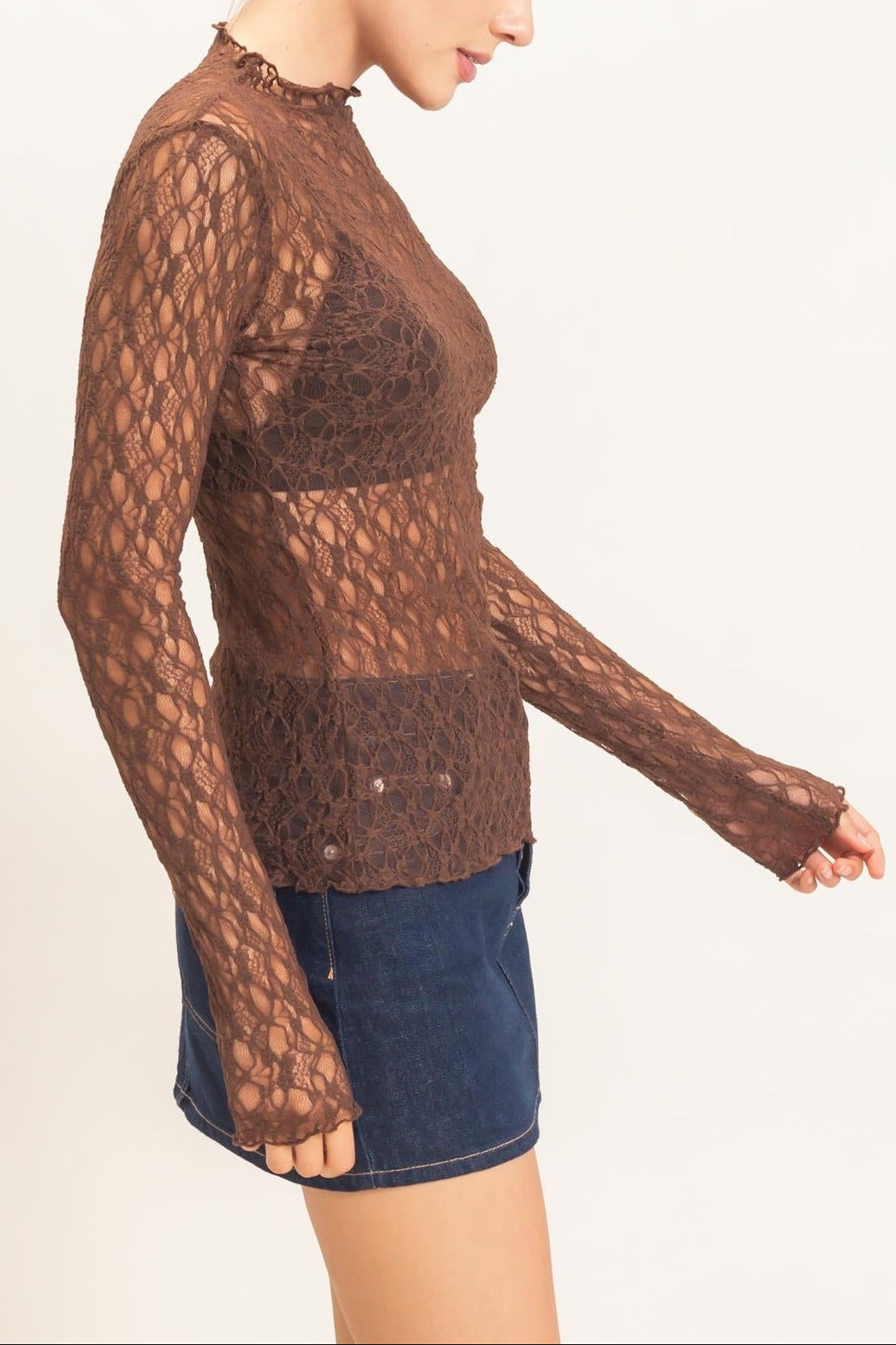 Lace Mock Neck Long Sleeve Top in Chocolate