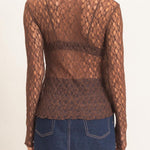 Lace Mock Neck Long Sleeve Top in Chocolate