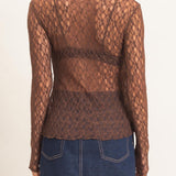 Lace Mock Neck Long Sleeve Top in Chocolate
