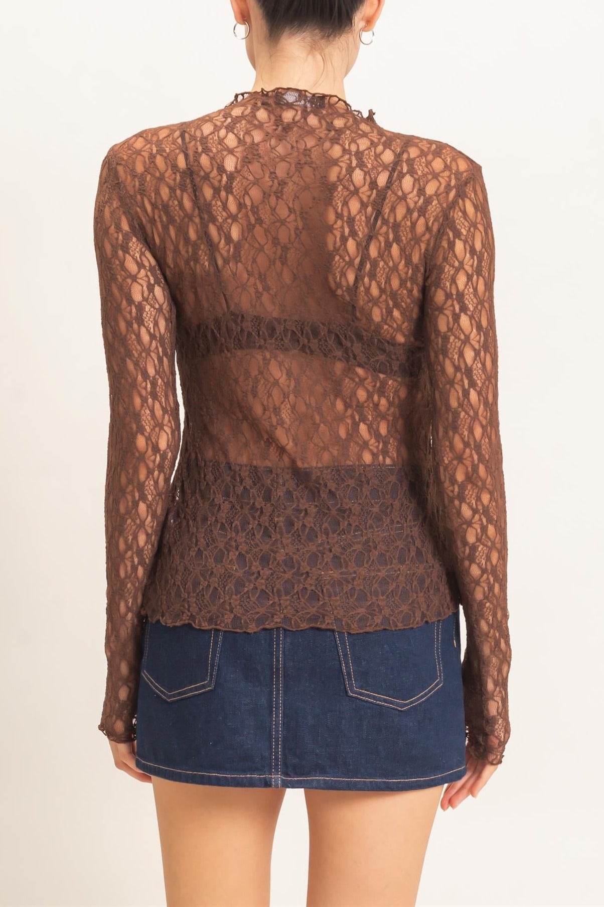 Lace Mock Neck Long Sleeve Top in Chocolate