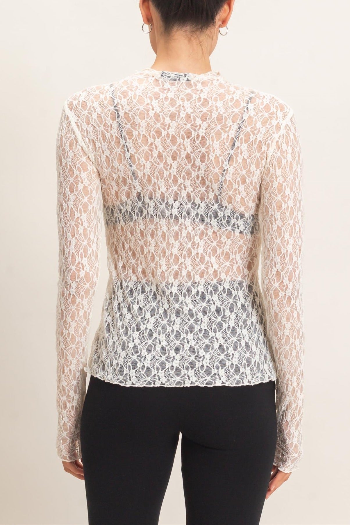 Lace Mock Neck Long Sleeve Top in Cream