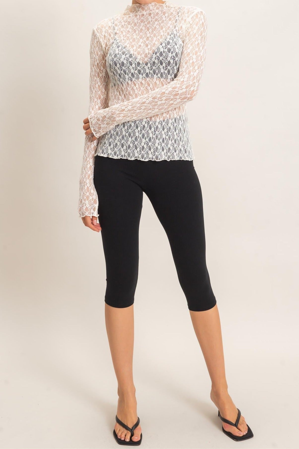 Lace Mock Neck Long Sleeve Top in Cream