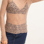 Lace Mock Neck Long Sleeve Top in Light Brown