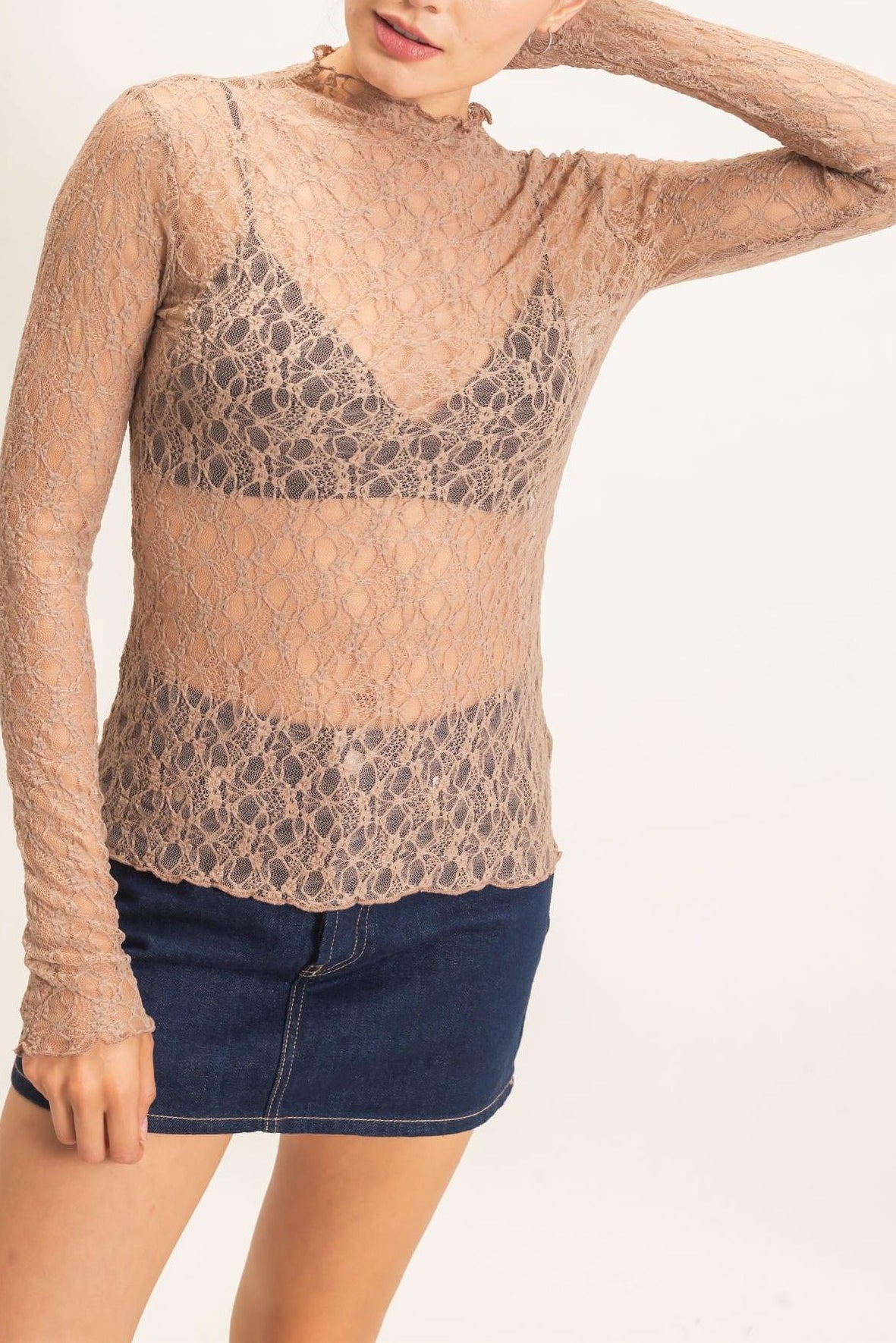 Lace Mock Neck Long Sleeve Top in Light Brown
