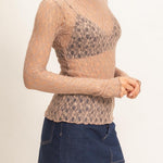 Lace Mock Neck Long Sleeve Top in Light Brown