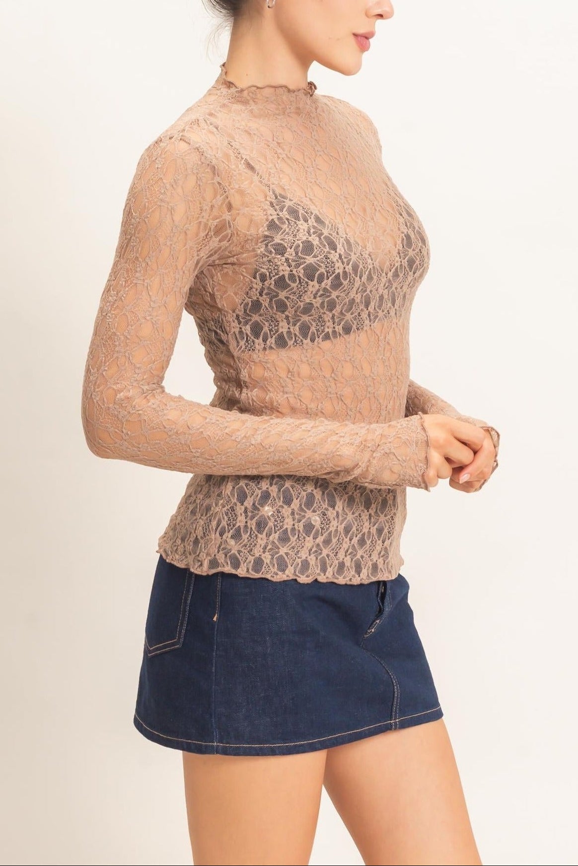 Lace Mock Neck Long Sleeve Top in Light Brown