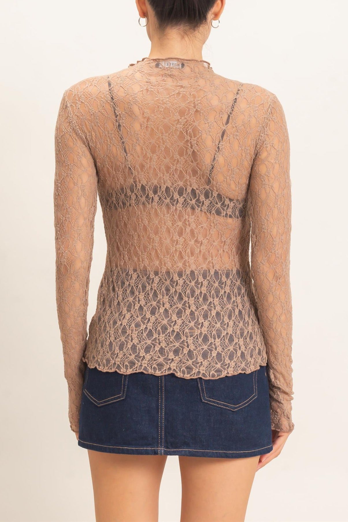 Lace Mock Neck Long Sleeve Top in Light Brown