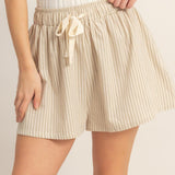 Striped Elastic Waist Shorts in Light Taupe
