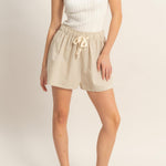 Striped Elastic Waist Shorts in Light Taupe