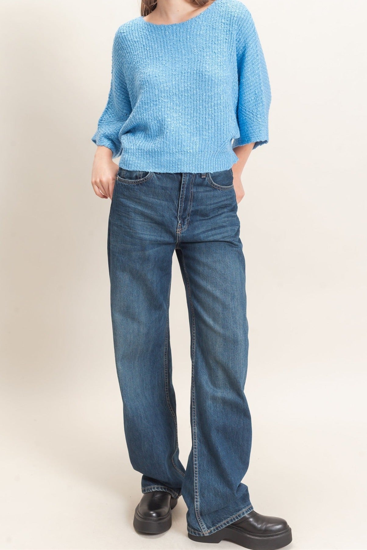 Ribbed Boat Neck Sweater in Blue