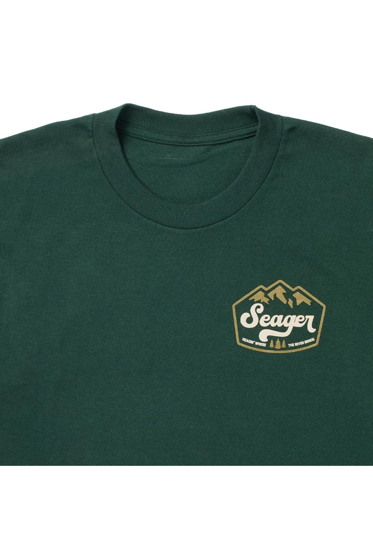 Close up of the High Country chest graphic on the forest green tee
