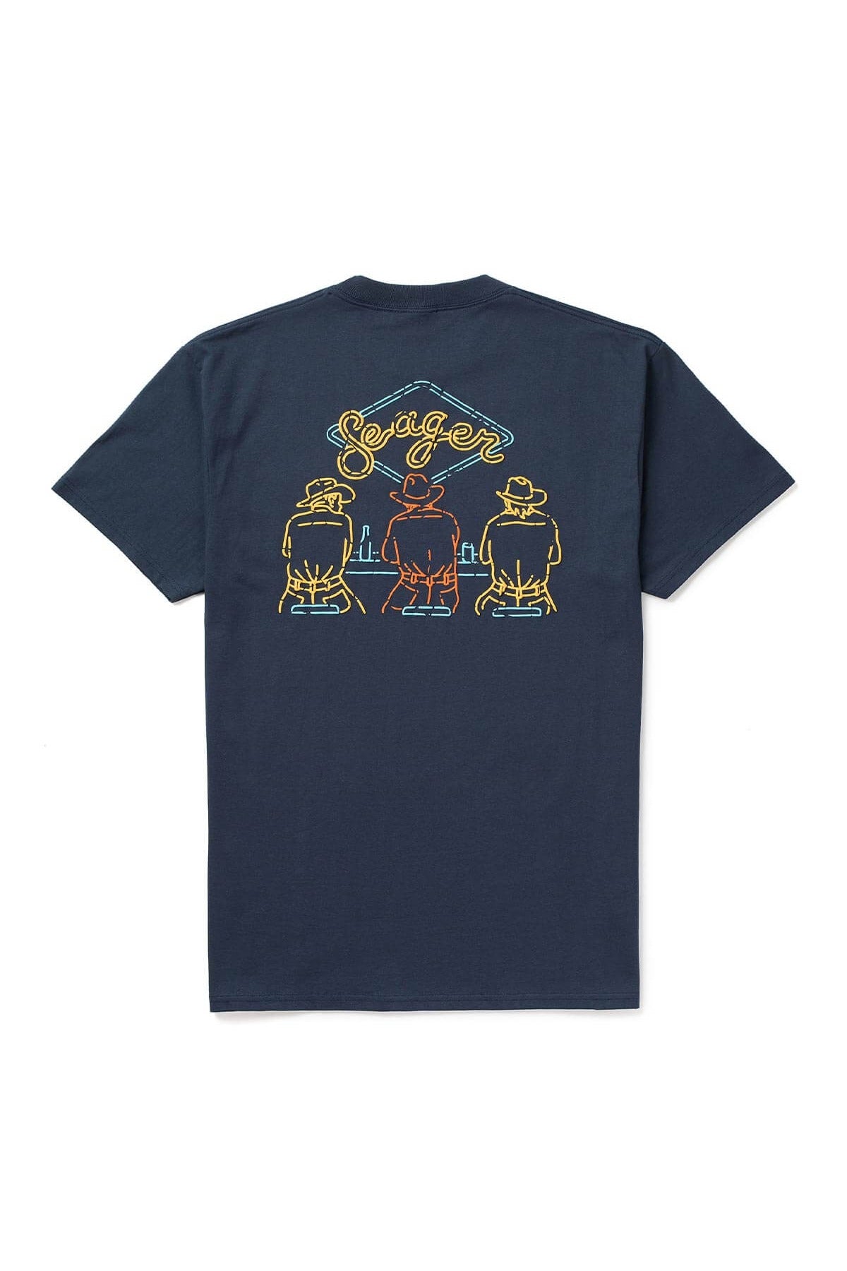 Seager Honky-Tonk Tee in Navy, back graphic of three cowboys at a bar