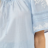 Short Sleeve Embroidered Blouse with Lace Trim