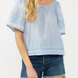 Short Sleeve Embroidered Blouse with Lace Trim