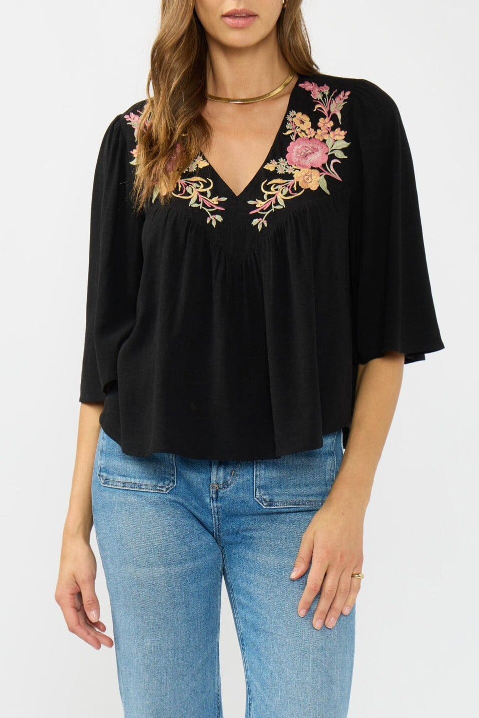Lovestitch Elaine Embroidered Top in Black/Dusty Rose, front view