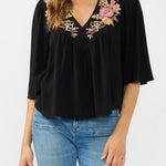 Lovestitch Elaine Embroidered Top in Black/Dusty Rose, front view