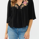 Lovestitch Elaine Embroidered Top in Black/Dusty Rose, front view
