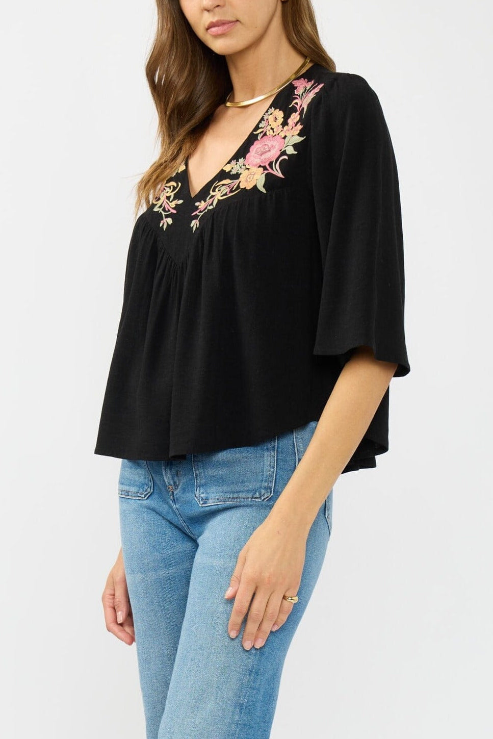 Lovestitch Elaine Embroidered Top in Black/Dusty Rose, side view