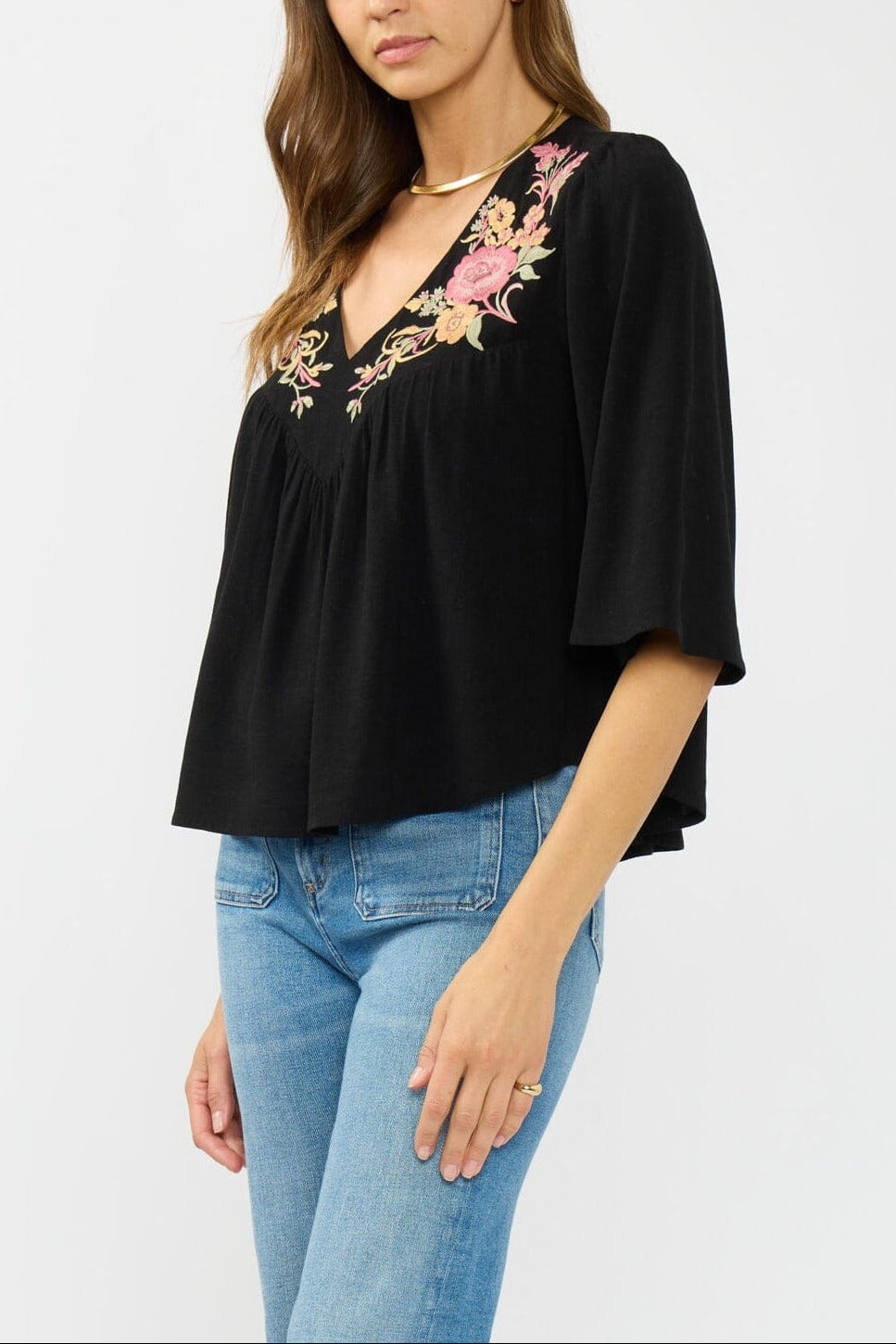 Lovestitch Elaine Embroidered Top in Black/Dusty Rose, side view