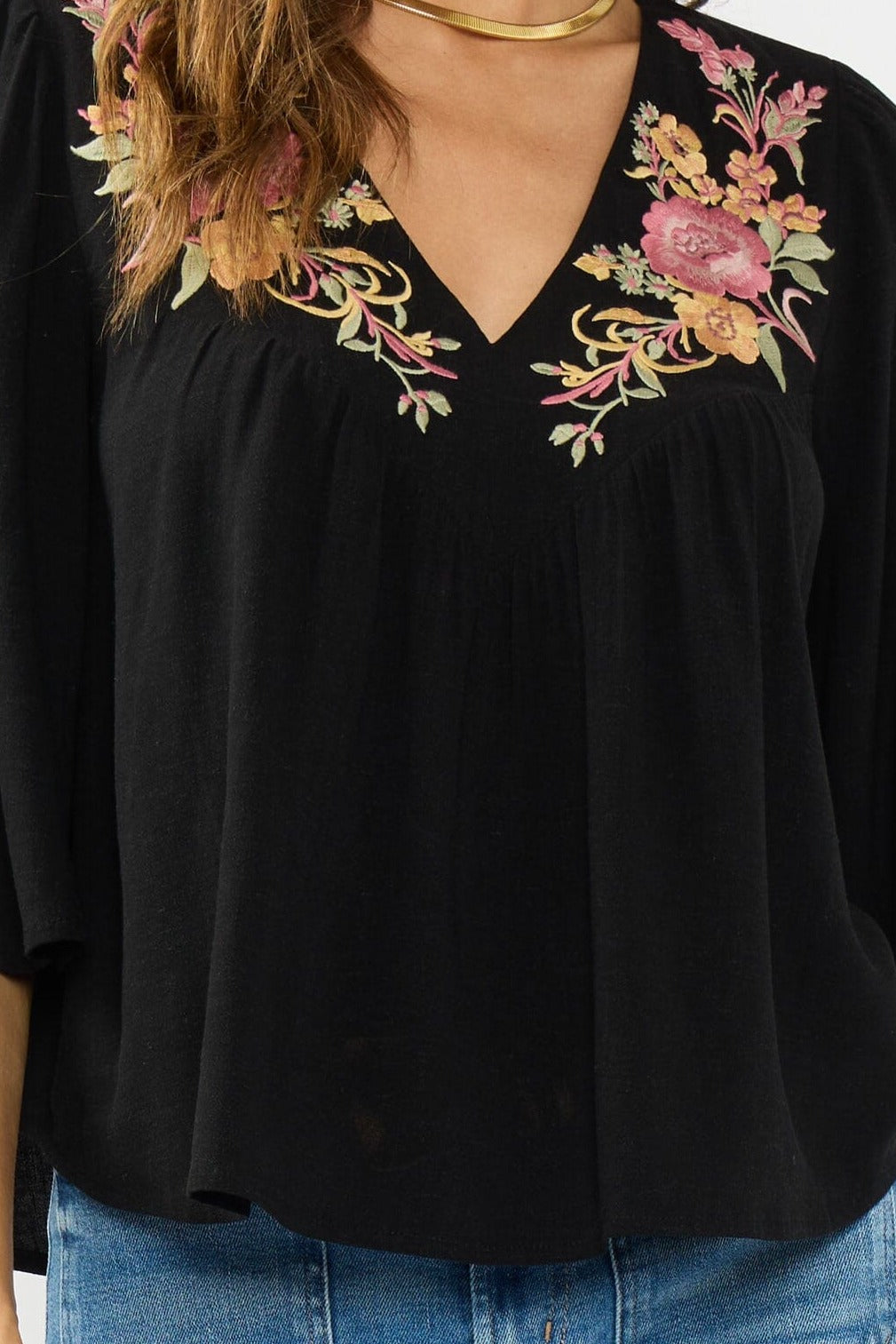Lovestitch Elaine Embroidered Top in Black/Dusty Rose, embroidery detail