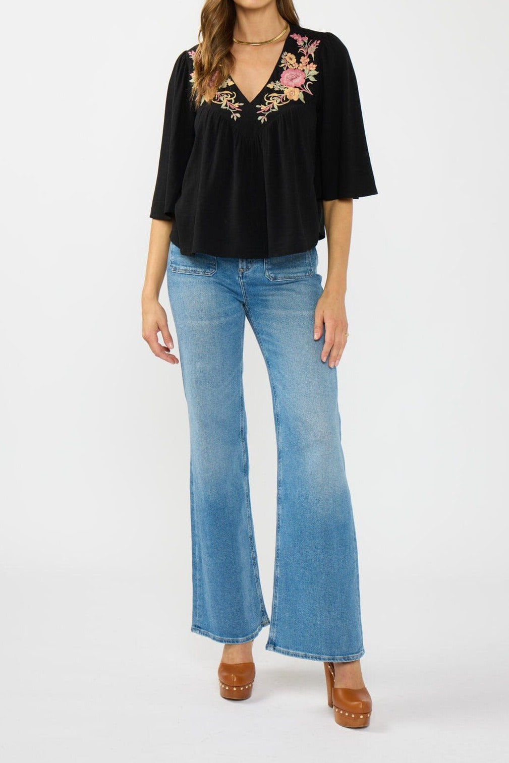 Lovestitch Elaine Embroidered Top in Black/Dusty Rose, styled look
