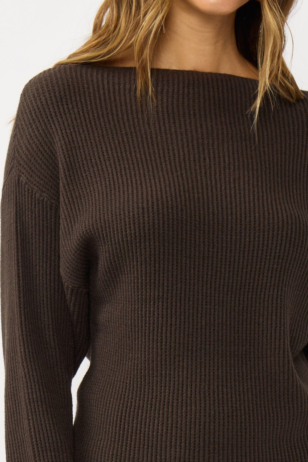 Snuggle Up Off Shoulder Sweater in Dark Brown - detail - MTT Collective