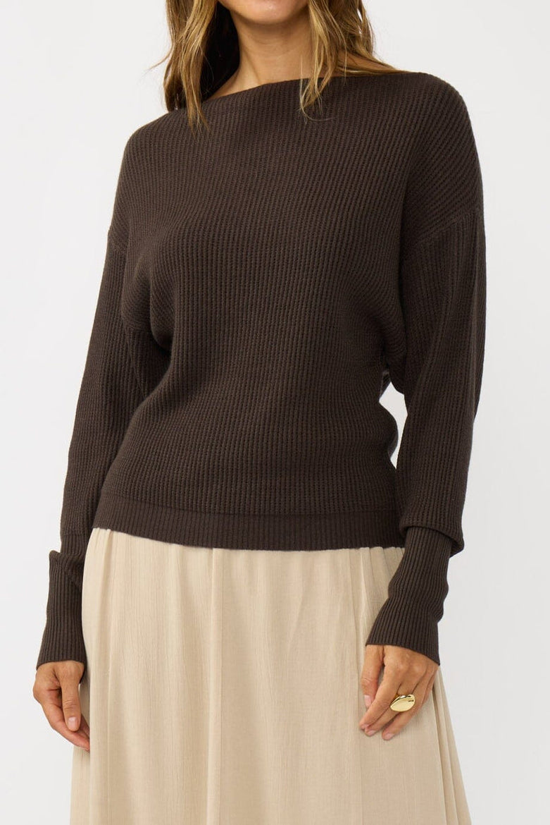 Snuggle Up Off Shoulder Sweater in Dark Brown - front - MTT Collective