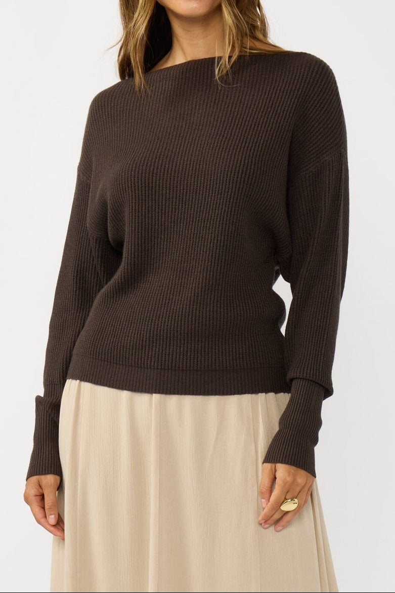 Snuggle Up Off Shoulder Sweater in Dark Brown - front - MTT Collective
