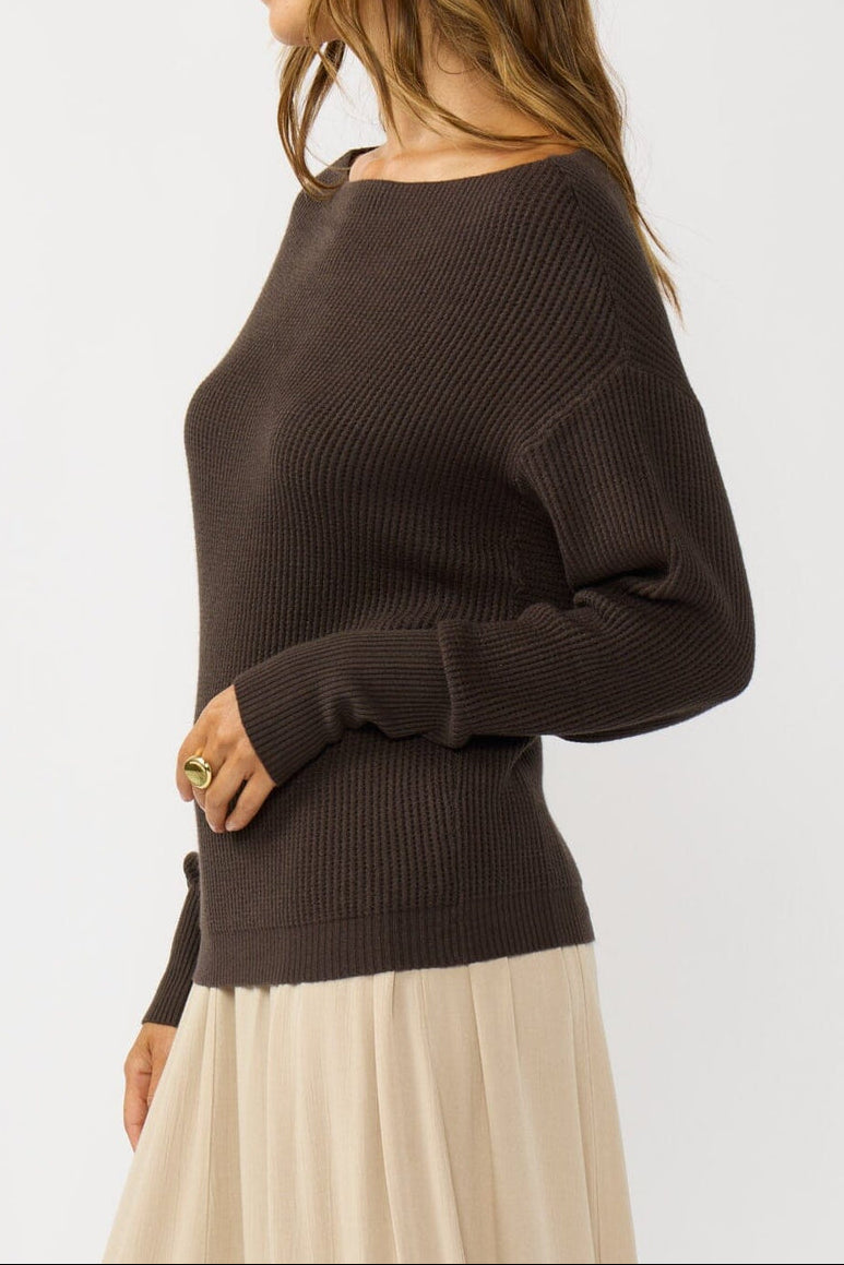 Snuggle Up Off Shoulder Sweater in Dark Brown - side - MTT Collective