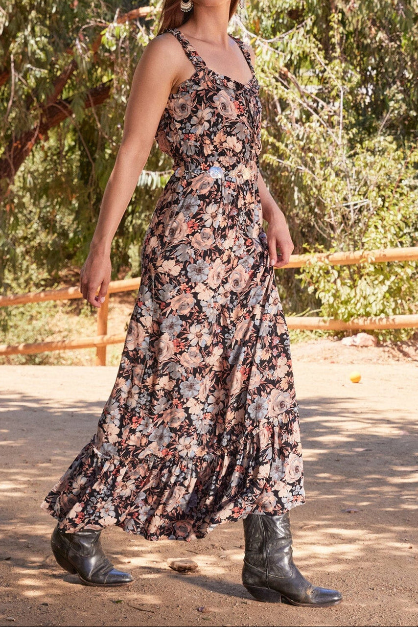 Dreamstate Lace-Up Maxi Dress in Black/Dusty Blue - MTT Collective