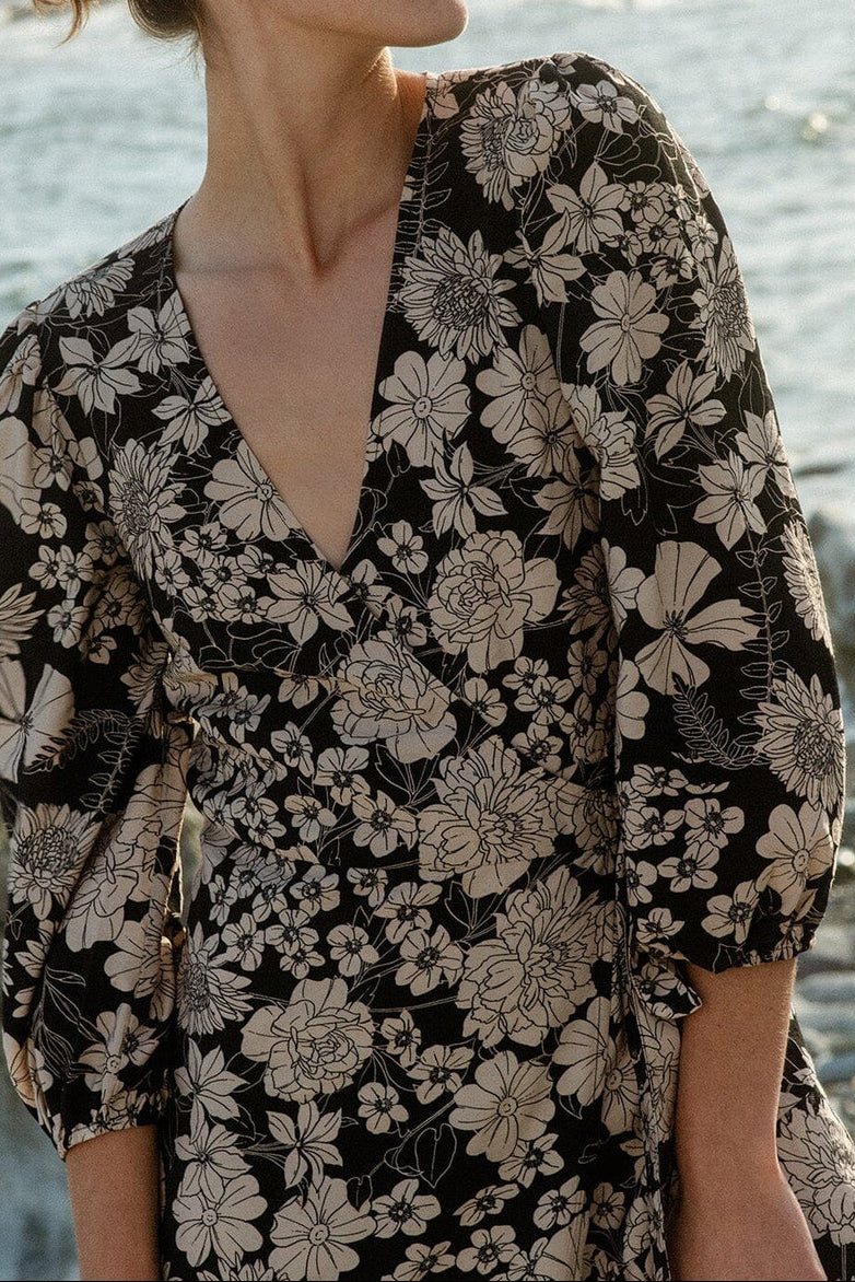 Mother Earth Floral Wrap Dress in Black/Taupe - MTT Collective