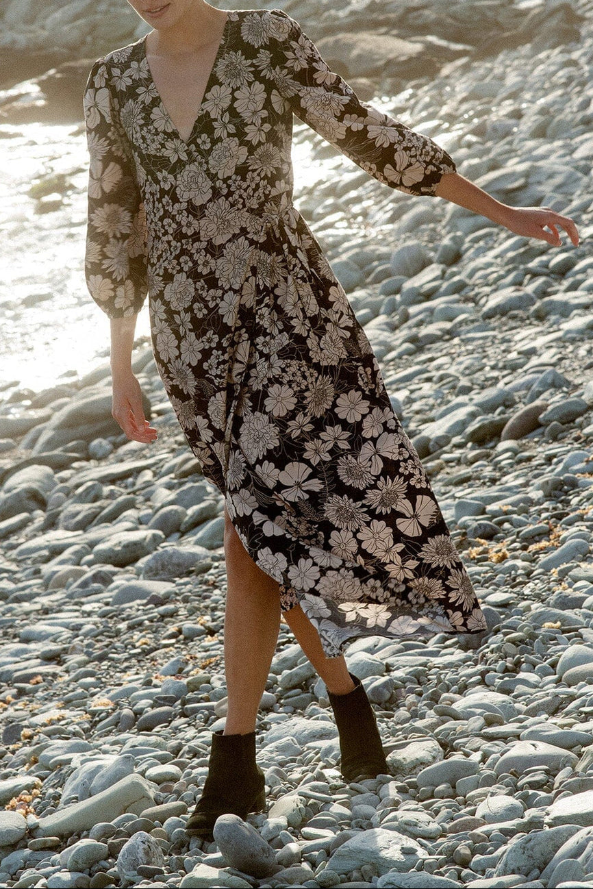Mother Earth Floral Wrap Dress in Black/Taupe - MTT Collective