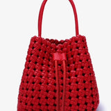 Red woven handbag with drawstring on a white background