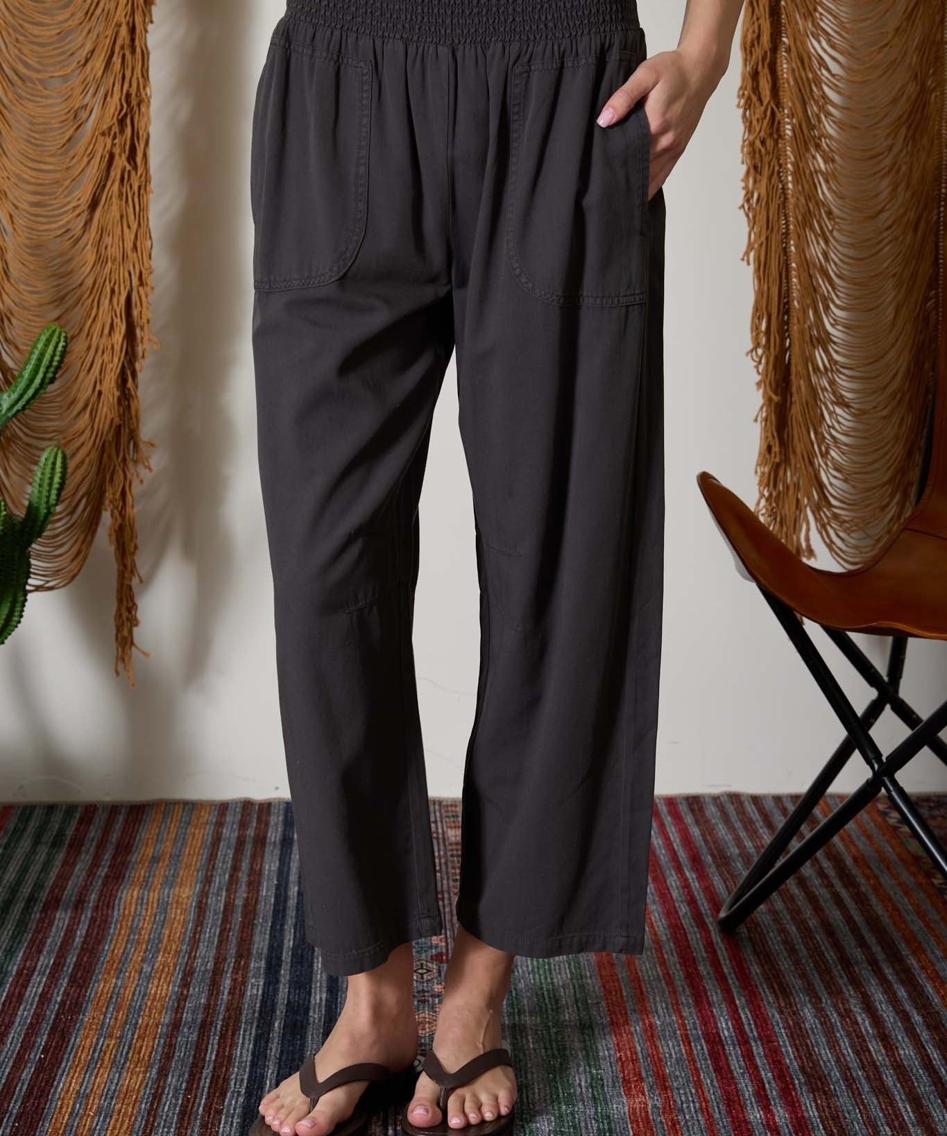 Smocked-Waist Wide Leg Pull-On Pants - Charcoal