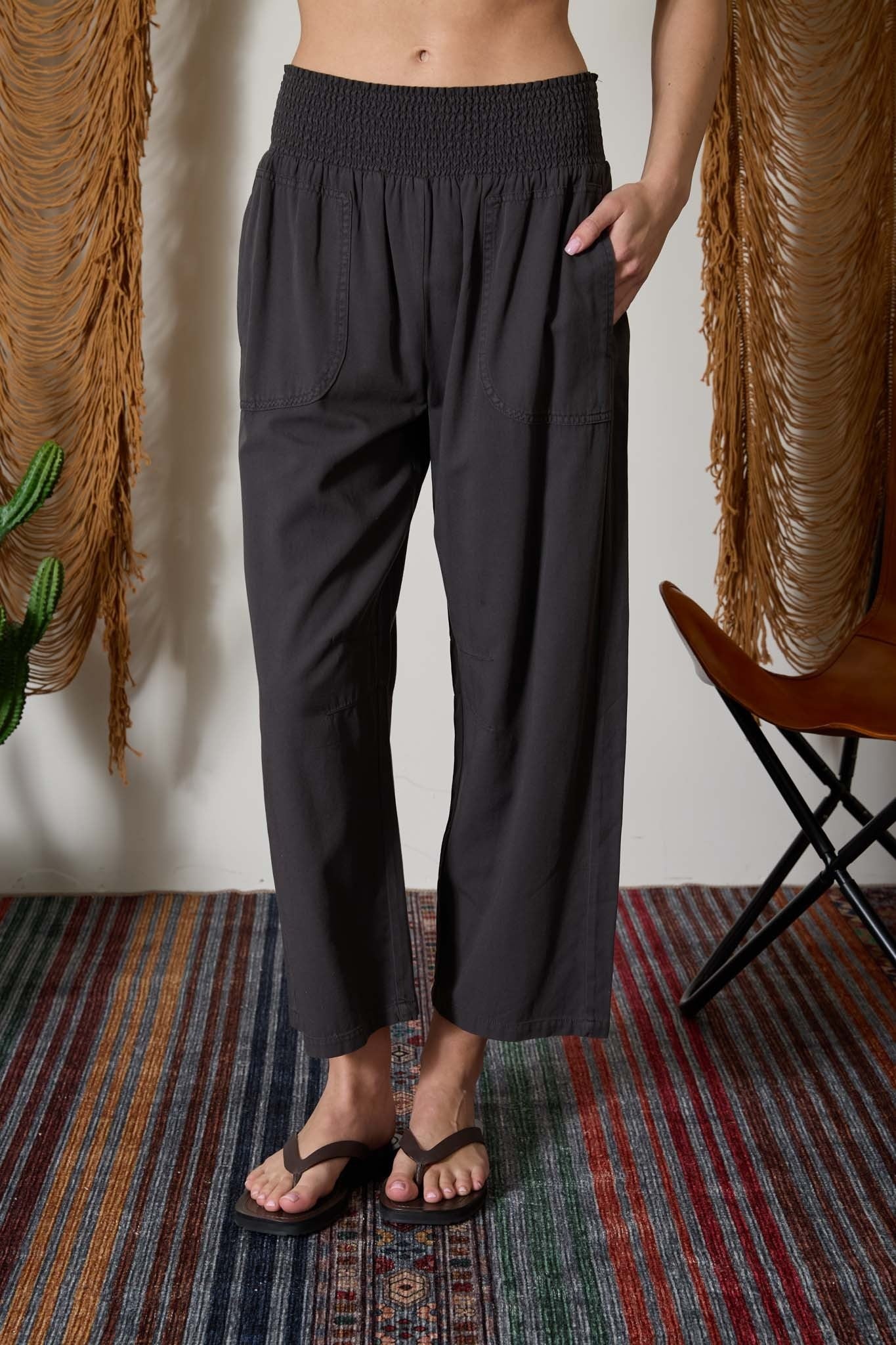 Smocked-Waist Wide Leg Pull-On Pants - Charcoal