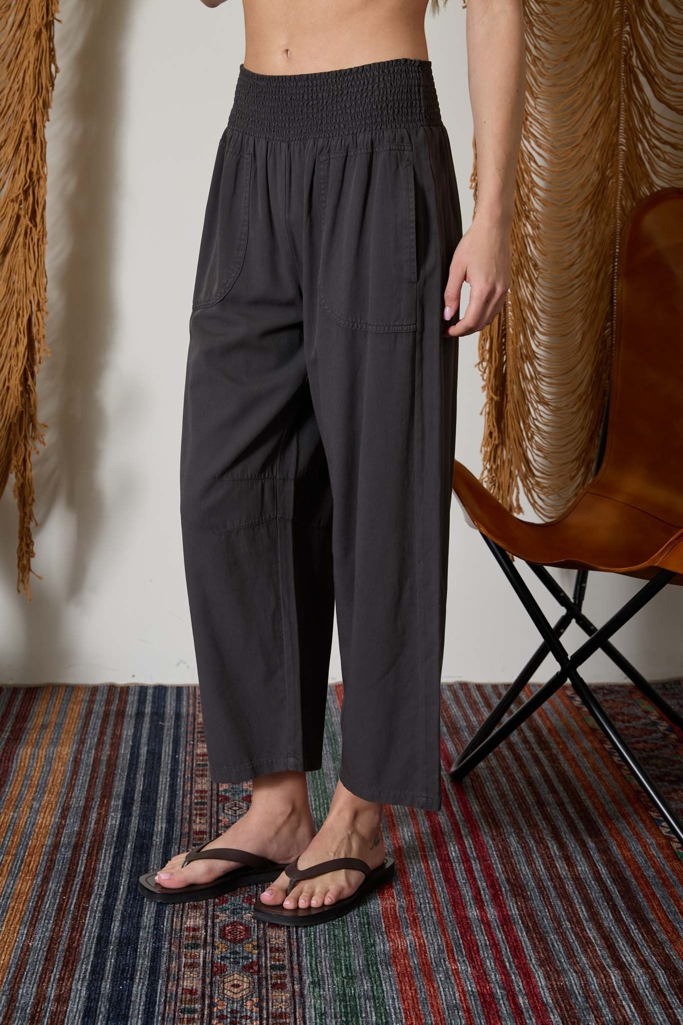 Smocked-Waist Wide Leg Pull-On Pants - Charcoal