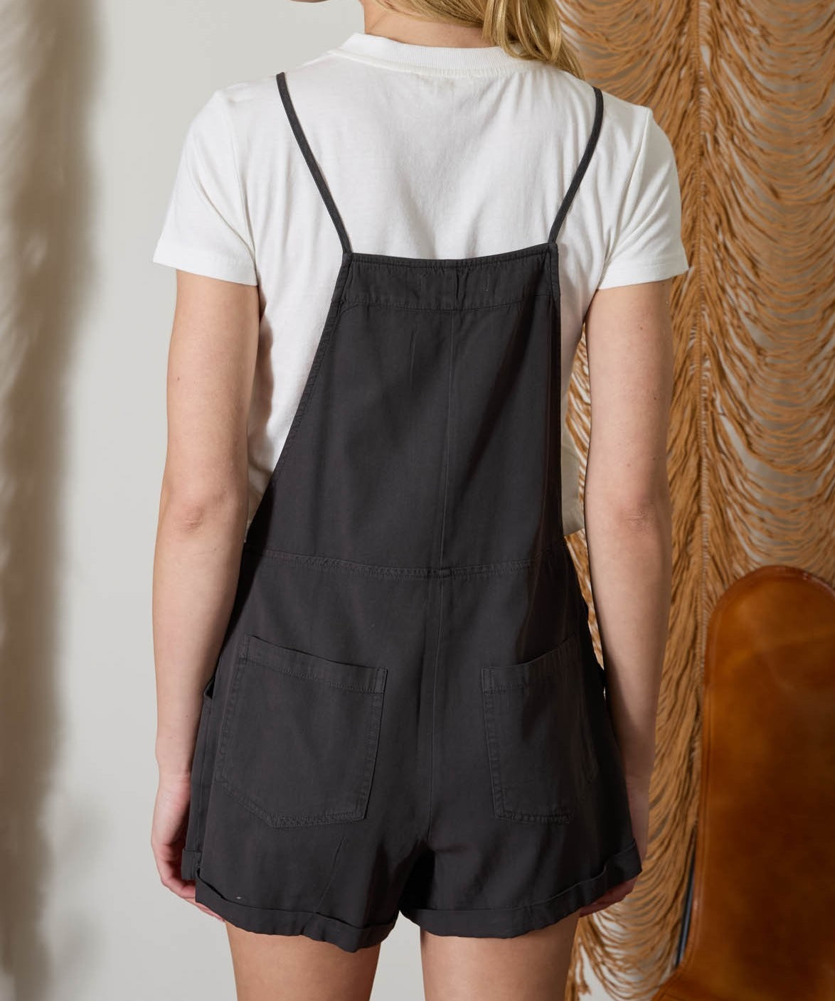 Spaghetti Tie Strap Overall Shorts - Charcoal