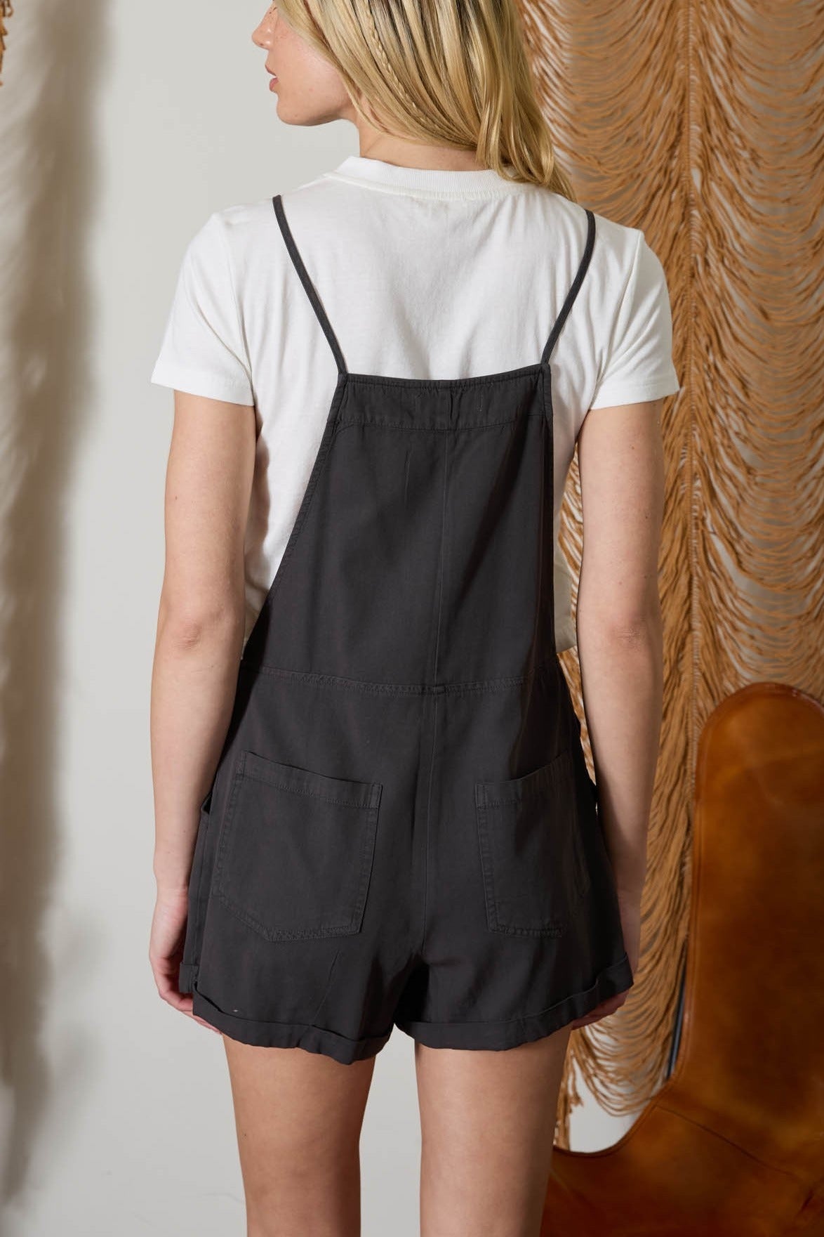 Spaghetti Tie Strap Overall Shorts - Charcoal