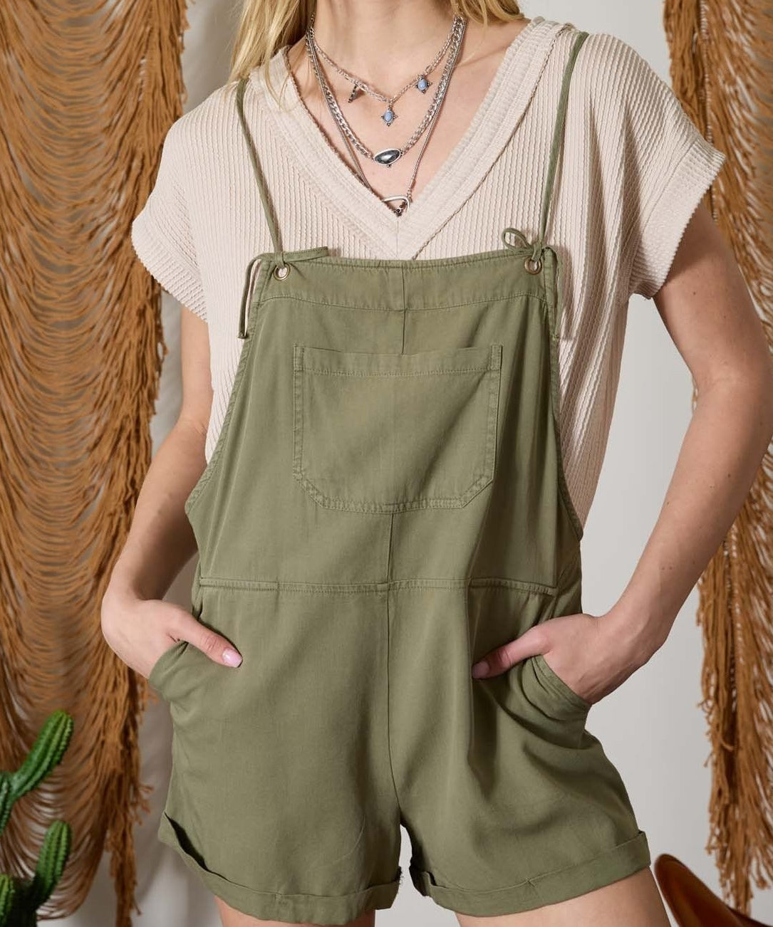 Spaghetti Tie Strap Overall Shorts - Olive